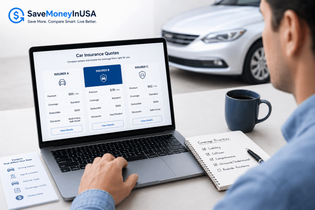 Best Cheap Car Insurance Companies in the USA Driver comparing cheap car insurance companies and coverage options in the USA