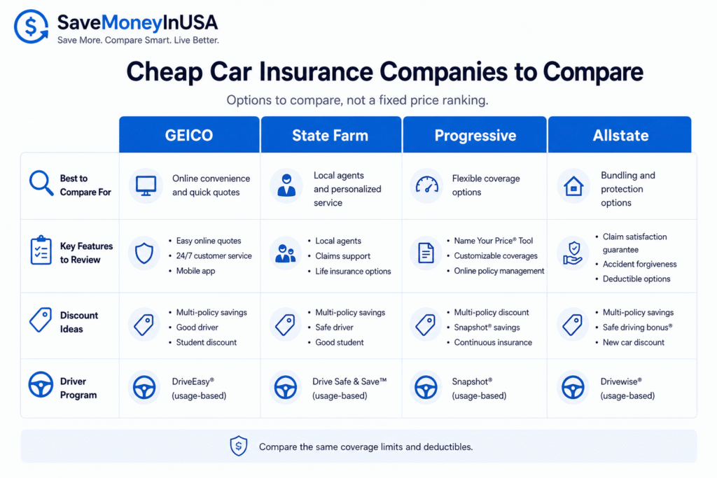 Cheap Car Insurance Company Comparison Comparison of car insurance companies, discounts, coverage options, and driver programs