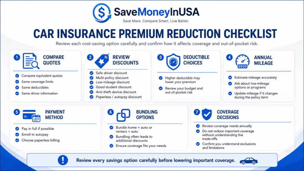Car Insurance Premium Reduction Checklist Car insurance premium reduction checklist covering quotes, discounts, deductibles, mileage, payments, and coverage