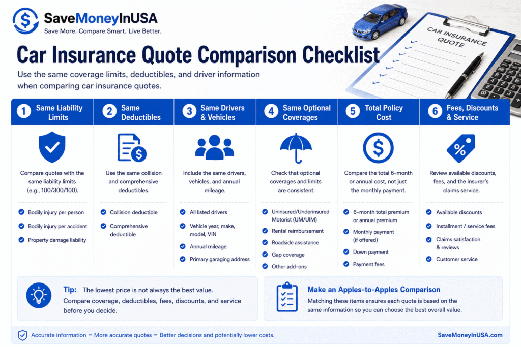 Car Insurance Quote Comparison Checklist Car insurance quote comparison checklist for coverage limits, deductibles, fees, discounts, and total policy cost