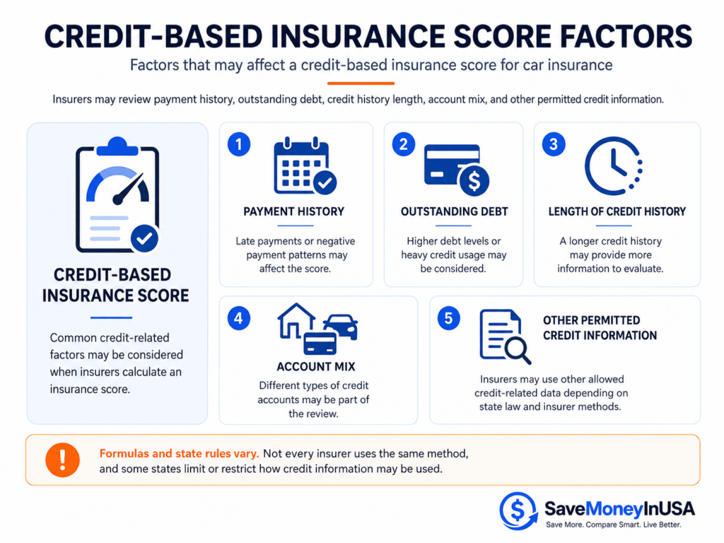 Credit-Based Insurance Score Factors Factors that may affect a credit-based insurance score for car insurance