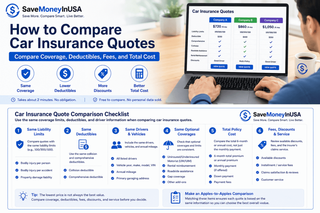 How to Compare Car Insurance Quotes Driver comparing car insurance quotes, coverage limits, deductibles, and policy costs online