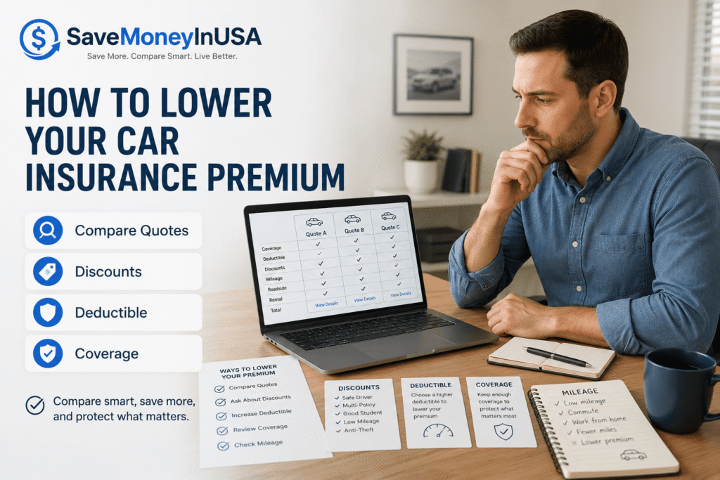 How to Lower Your Car Insurance Premium Driver comparing quotes, discounts, deductibles, and coverage options to lower a car insurance premium