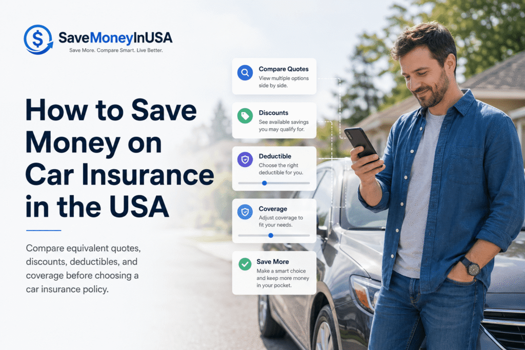 Driver comparing ways to save money on car insurance in the USA