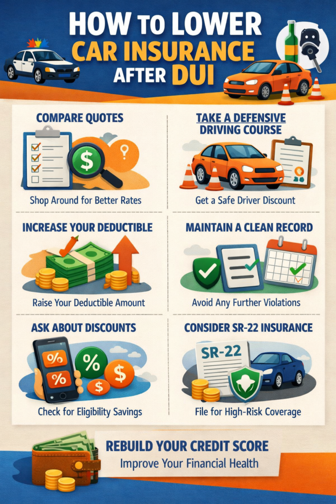 how to lower car insurance after DUI showing driver comparing insurance quotes online