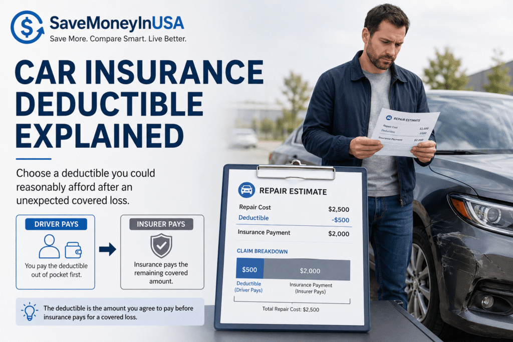 Car Insurance Deductible Explained Driver reviewing how car insurance deductibles affect claim costs and out-of-pocket expenses
