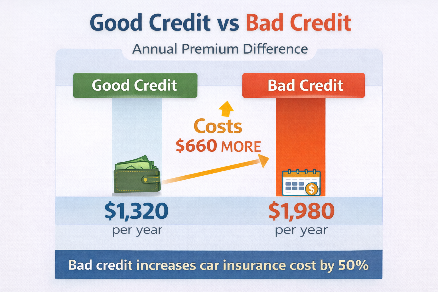 car insurance cost comparison good vs bad credit annual premium difference