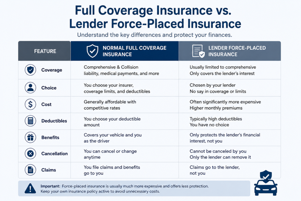 Comparison between normal full coverage insurance and lender force-placed insurance