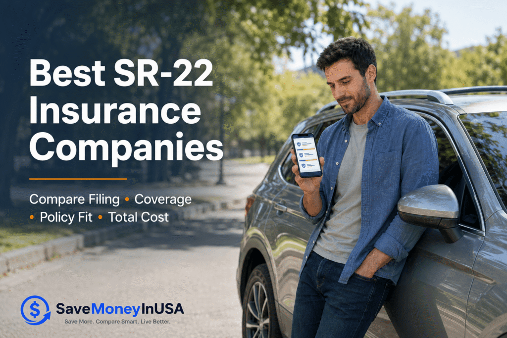 Best SR-22 Insurance Companies in the USA Driver comparing SR-22 insurance company options on a phone beside a parked car