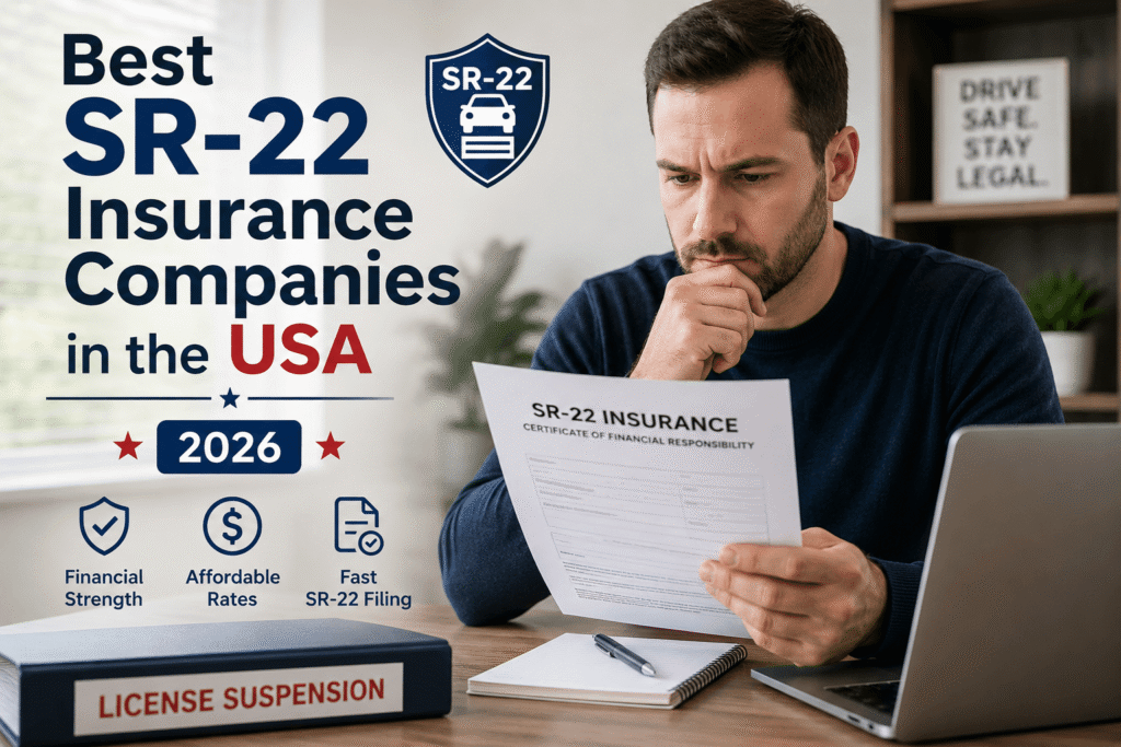 Best SR-22 Insurance Companies in the USA Driver reviewing SR-22 insurance documents after license suspension in the USA
