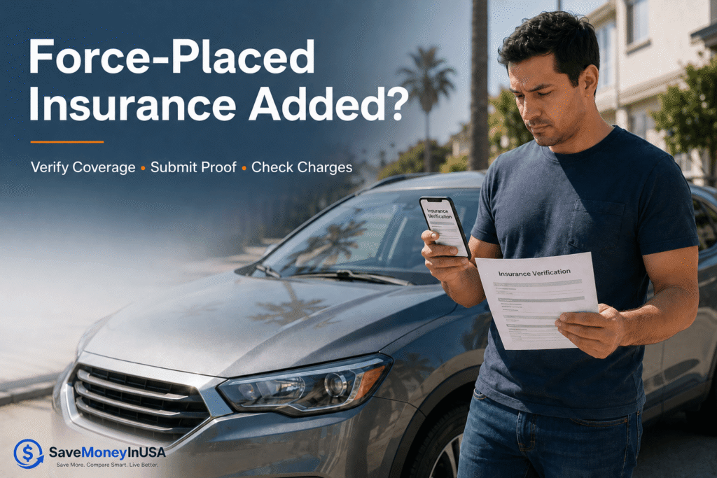 Force-Placed Insurance on a Financed Car Financed-car owner reviewing a lender notice about force-placed insurance and proof of coverage