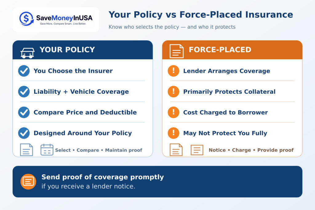 Comparison of personal full coverage and force-placed insurance on a financed car