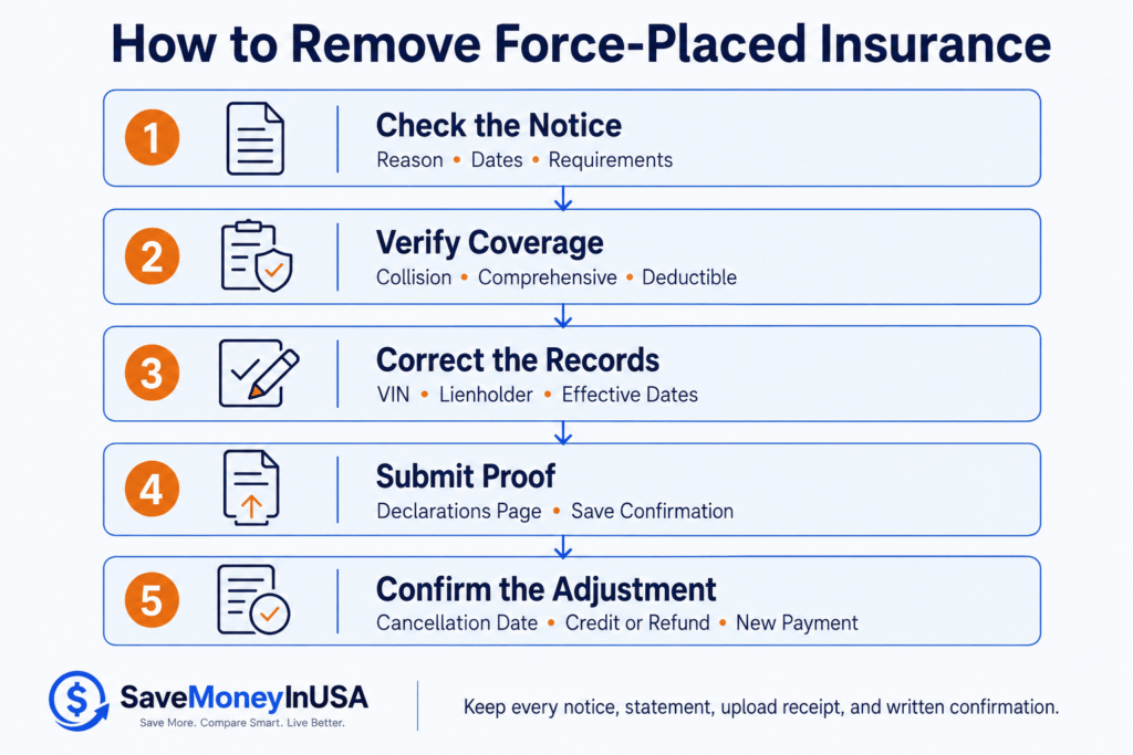 How to Remove Force-Placed Auto Insurance Five-step checklist for removing force-placed auto insurance by verifying coverage and submitting proof