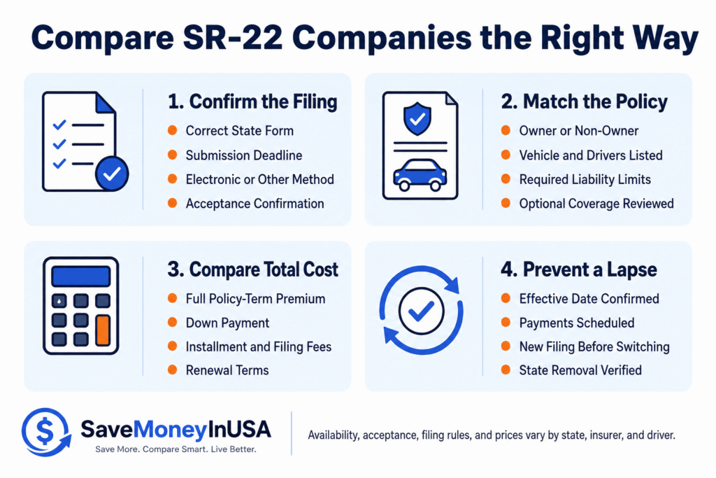 SR-22 Insurance Company Comparison Checklist Four-part checklist for comparing SR-22 insurance filing, policy, total cost, and coverage continuity