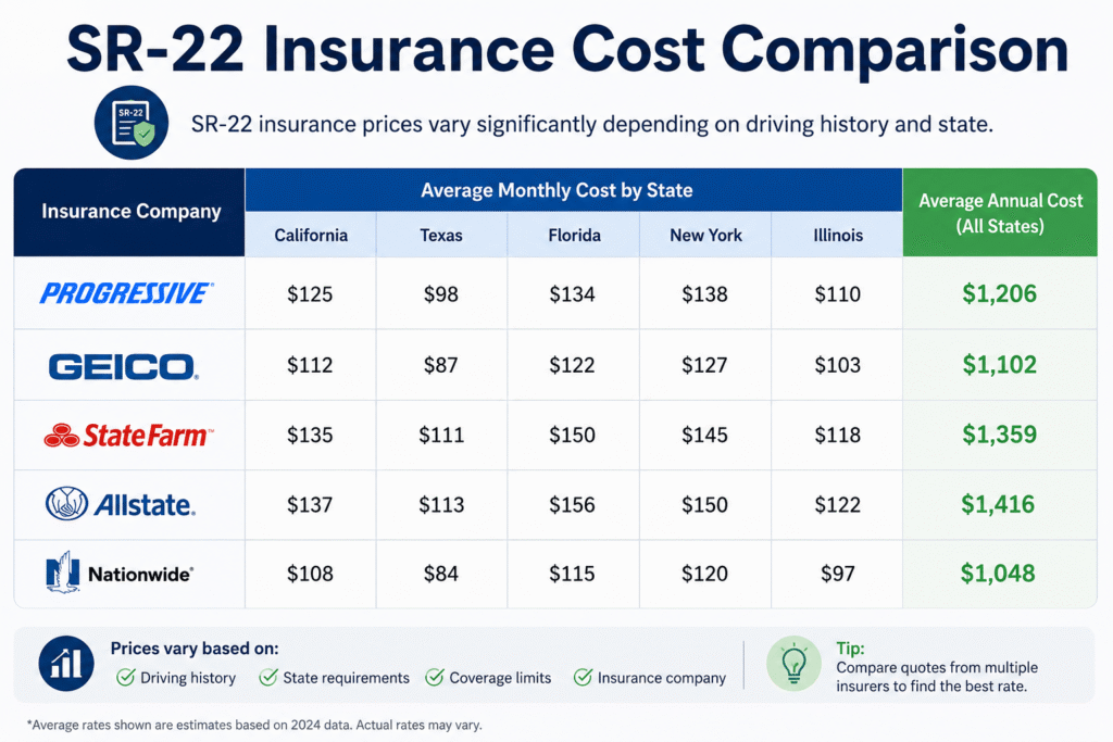 SR-22 Insurance Cost Comparison Comparison chart showing SR-22 insurance rates from different companies