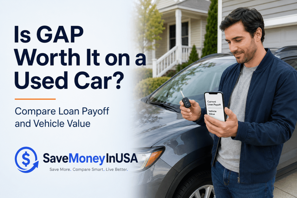 Used-car buyer comparing the current loan payoff with the vehicle value before choosing GAP insurance