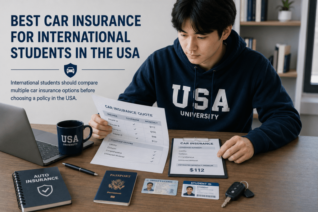 Best Car Insurance for International Students in the USA International student comparing car insurance options in the USA