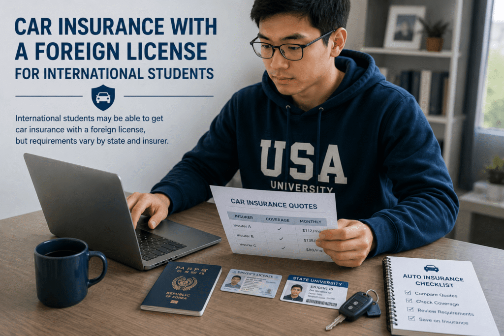 Car Insurance With a Foreign License for International Students International student comparing car insurance quotes with a foreign driver’s license in the USA