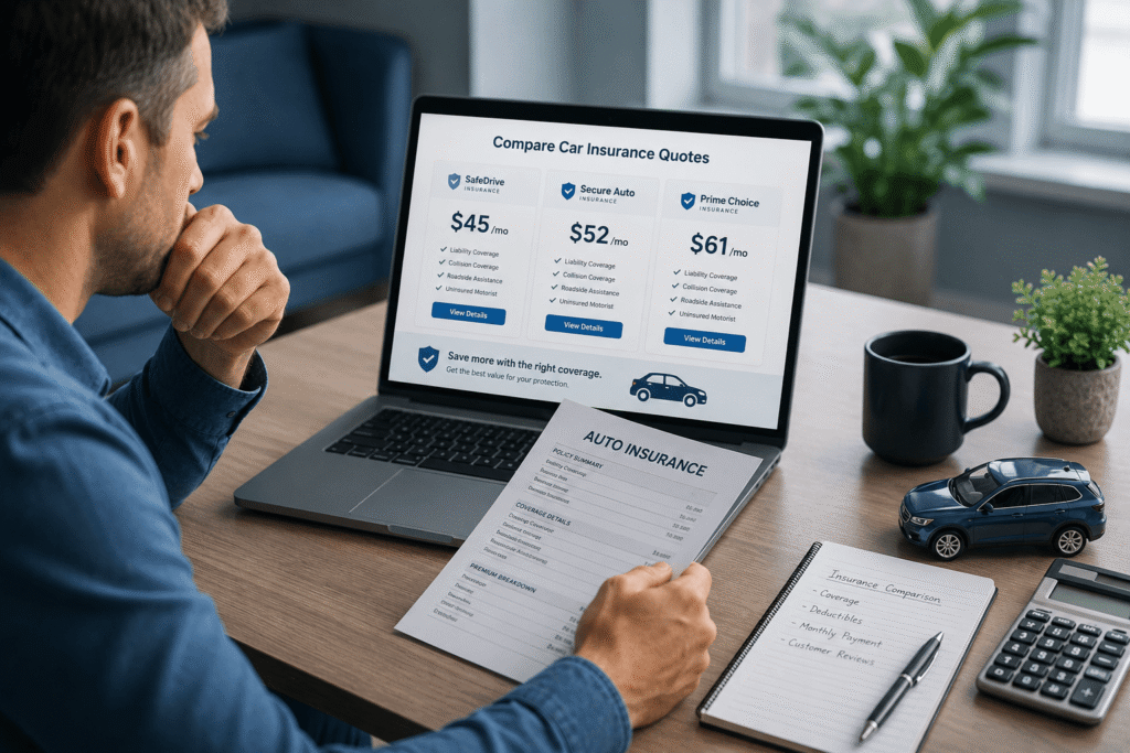 Driver comparing car insurance coverage options and premiums