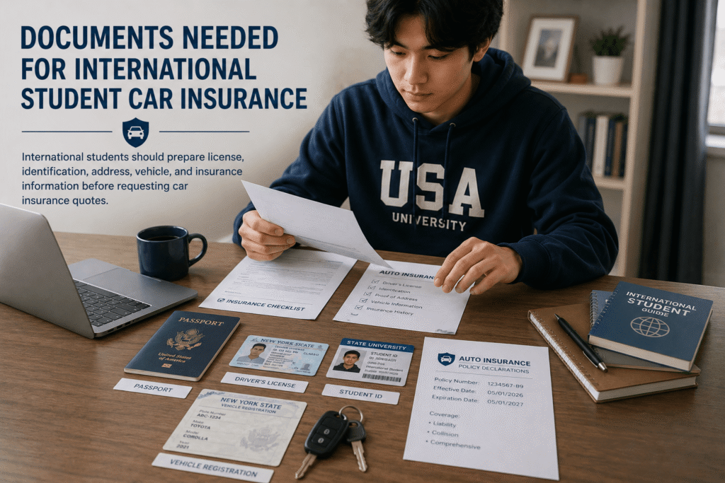 International student organizing passport, driver’s license, student ID, and car insurance documents