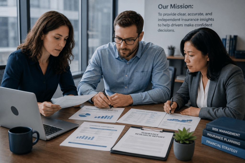 Editorial team reviewing insurance and financial information