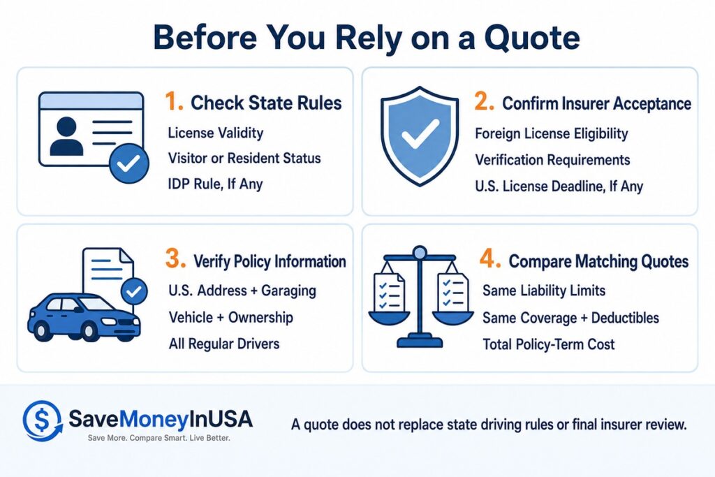 Foreign License Car Insurance Four-Step Check Four-step checklist for foreign-license drivers checking state rules, insurer acceptance, vehicle information, and matching quotes