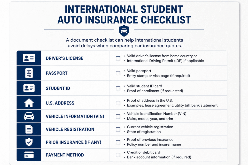Checklist of documents needed for international student car insurance in the USA
