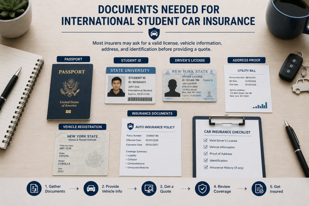 Documents Needed for International Student Car Insurance Passport, student ID, driver’s license, and car insurance documents for an international student