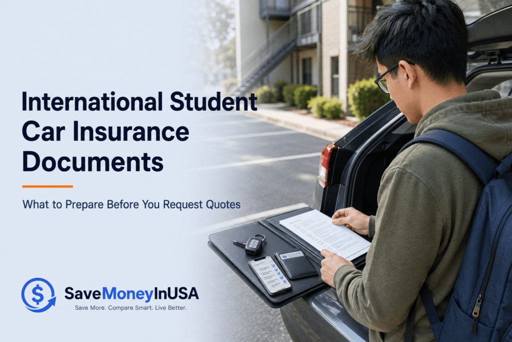 International student preparing driver license, address, vehicle, and car insurance documents