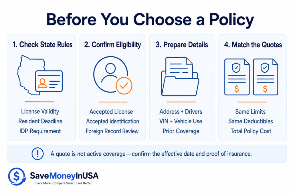 New Immigrant Car Insurance Quote Checklist Four-step checklist for foreign drivers comparing license eligibility, documents, coverage, and car insurance quotes