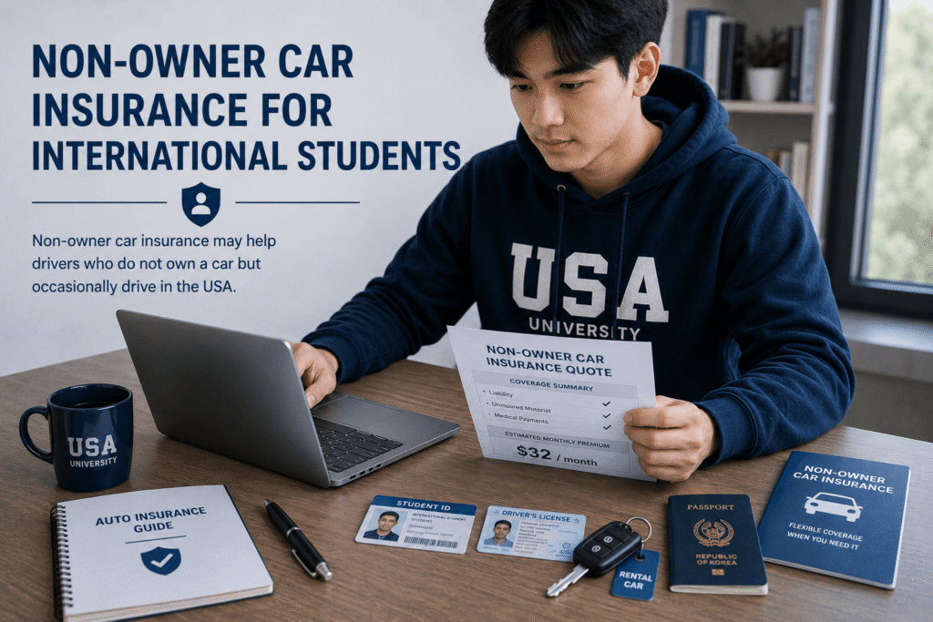International student comparing non-owner car insurance options in the USA