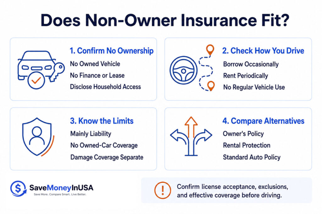 Four-step checklist for deciding whether non-owner car insurance fits an occasional driver without a vehicle