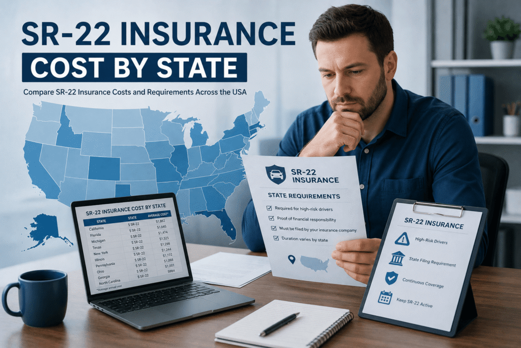 SR-22 Insurance Cost by State Driver reviewing SR-22 insurance costs and state requirements in the USA