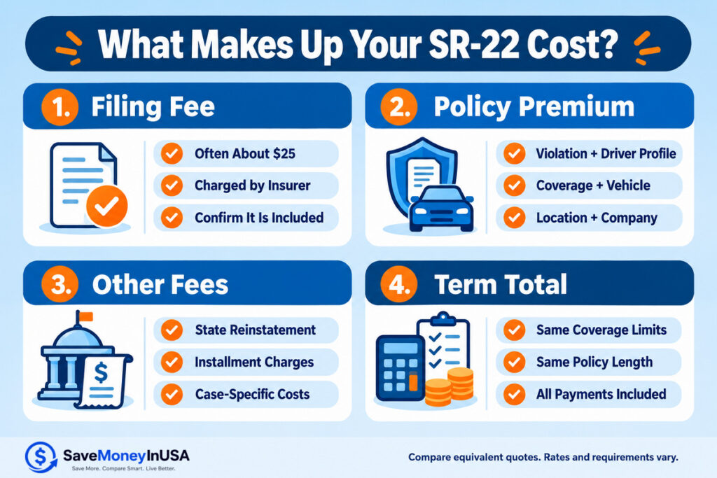 SR-22 Total Cost Comparison Checklist Four-step checklist for comparing an SR-22 filing fee, policy premium, state fees, and total term cost