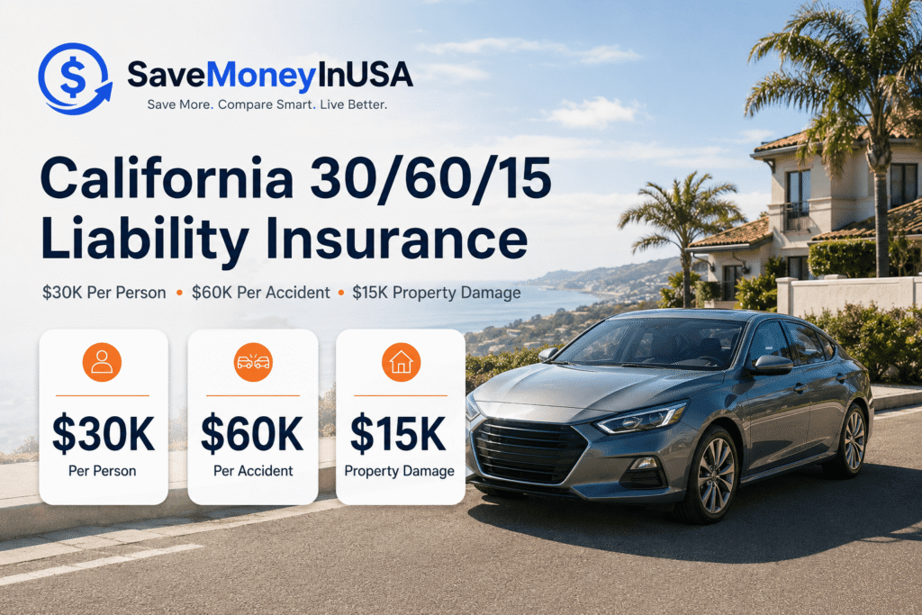 California 30/60/15 liability insurance limits shown beside a car on a California road