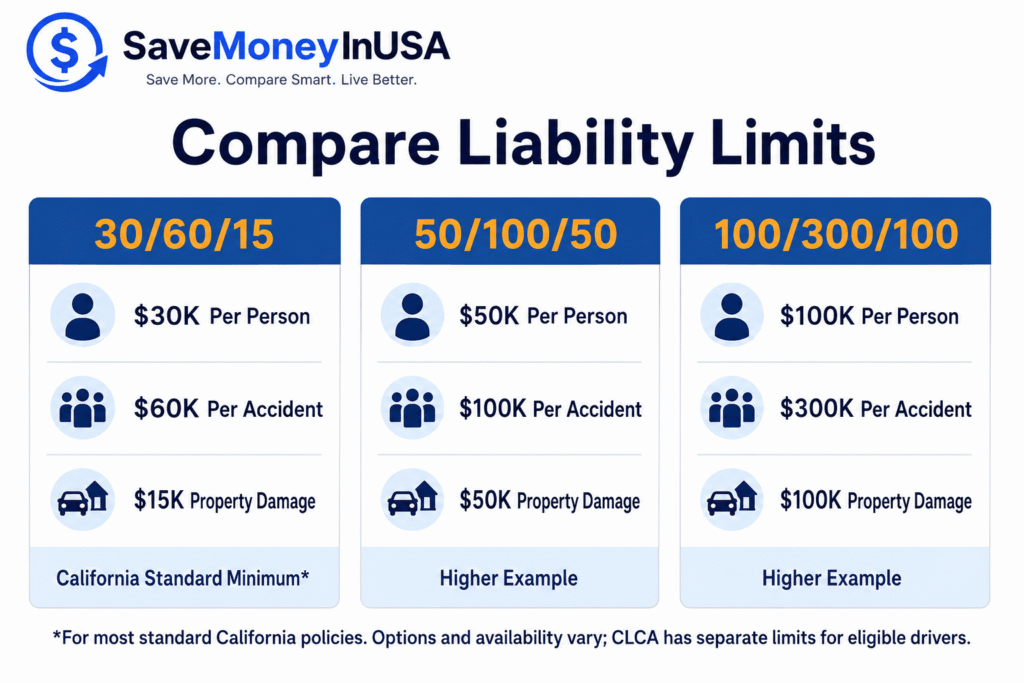 California Liability Insurance Limits Comparison Comparison of California 30/60/15, 50/100/50, and 100/300/100 liability insurance limits