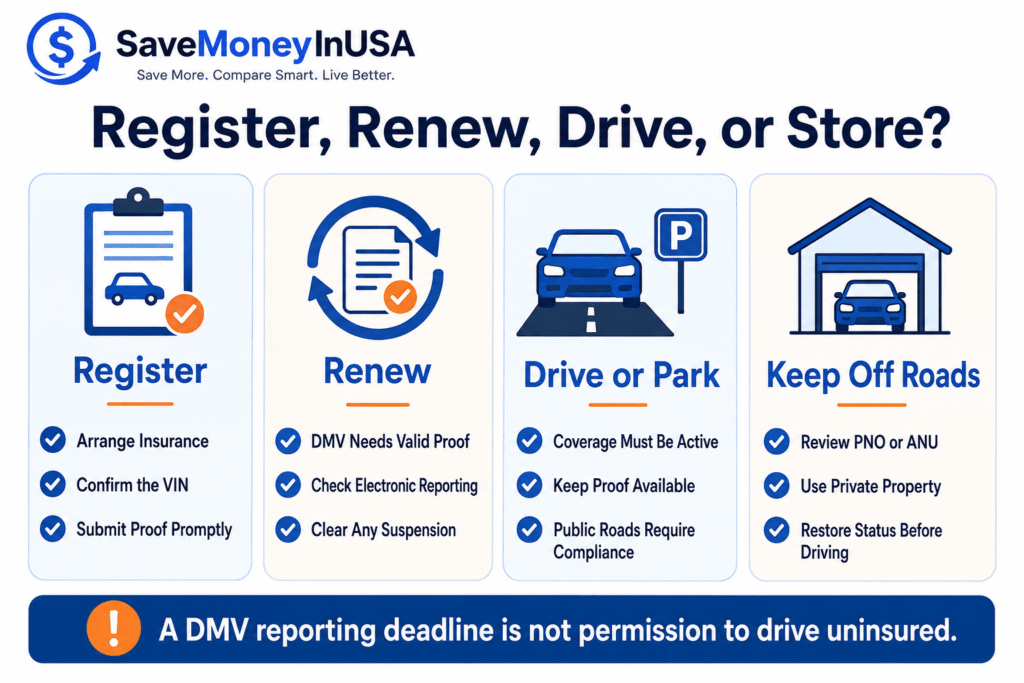 California Registration and Insurance Status Guide California guide comparing insurance rules for registering, renewing, driving, and storing a vehicle