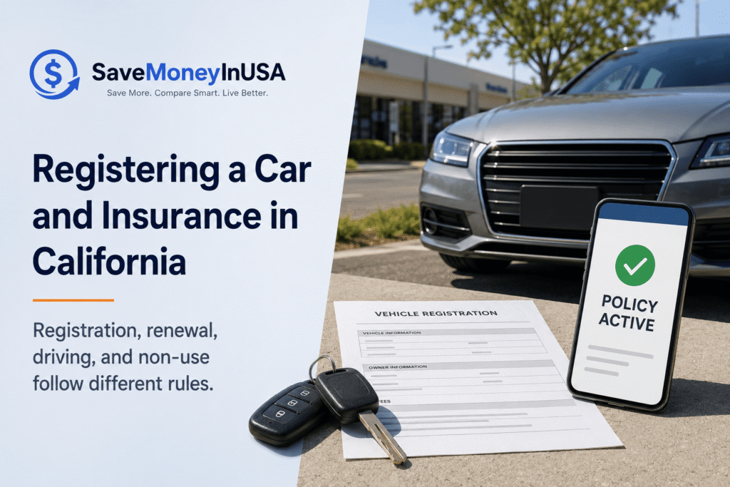 California vehicle registration and proof of insurance documents beside car keys