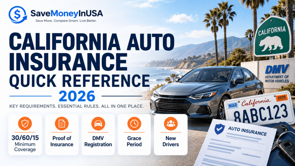 California auto insurance quick reference for 2026 with DMV, liability limits, and insurance checklist