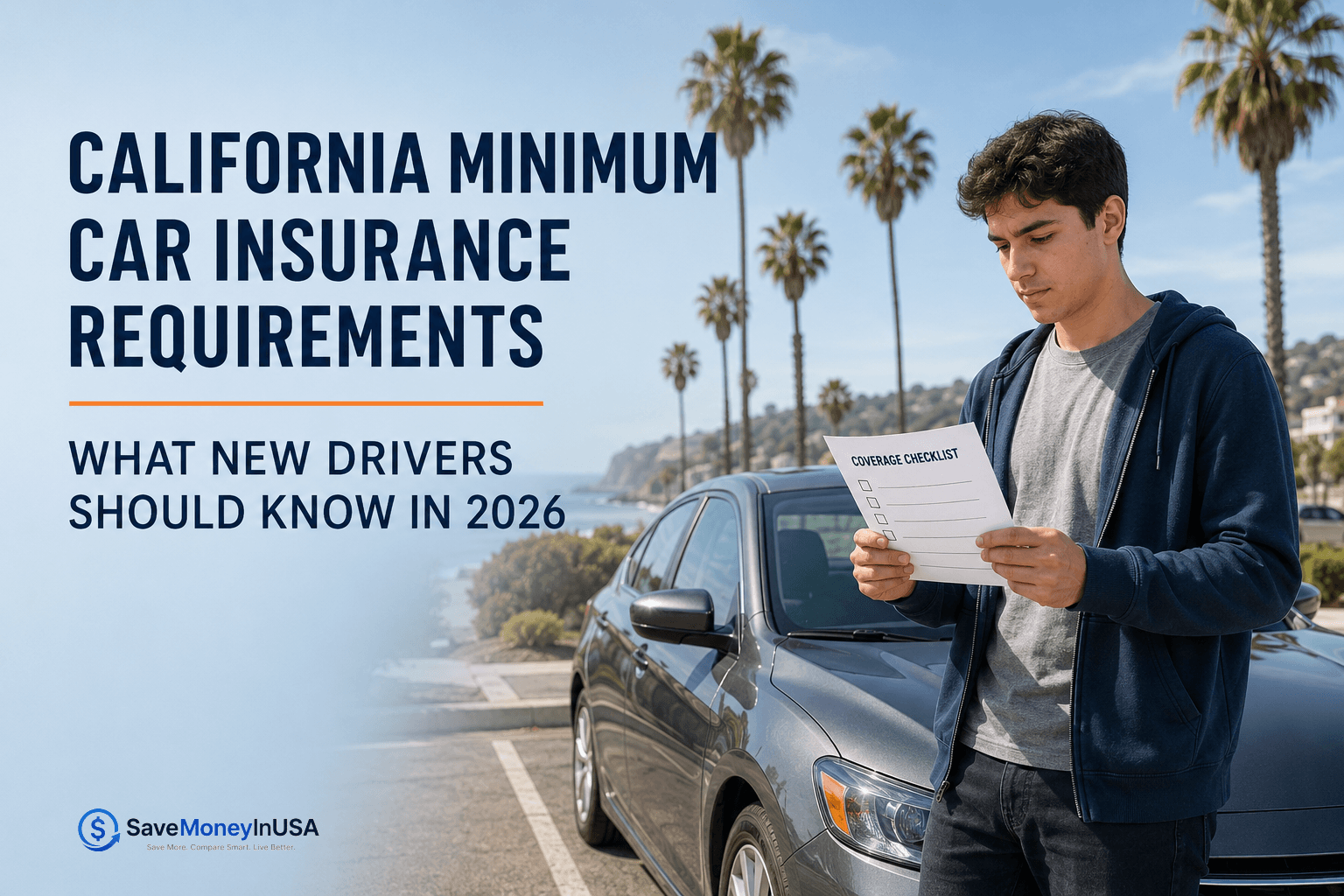 California Minimum Car Insurance Requirements 2026 New California driver reviewing minimum car insurance requirements beside a vehicle